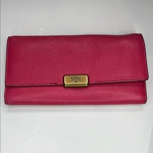 FOSSIL - Pink Leather Tri-Fold Wallet with Gold Accent
